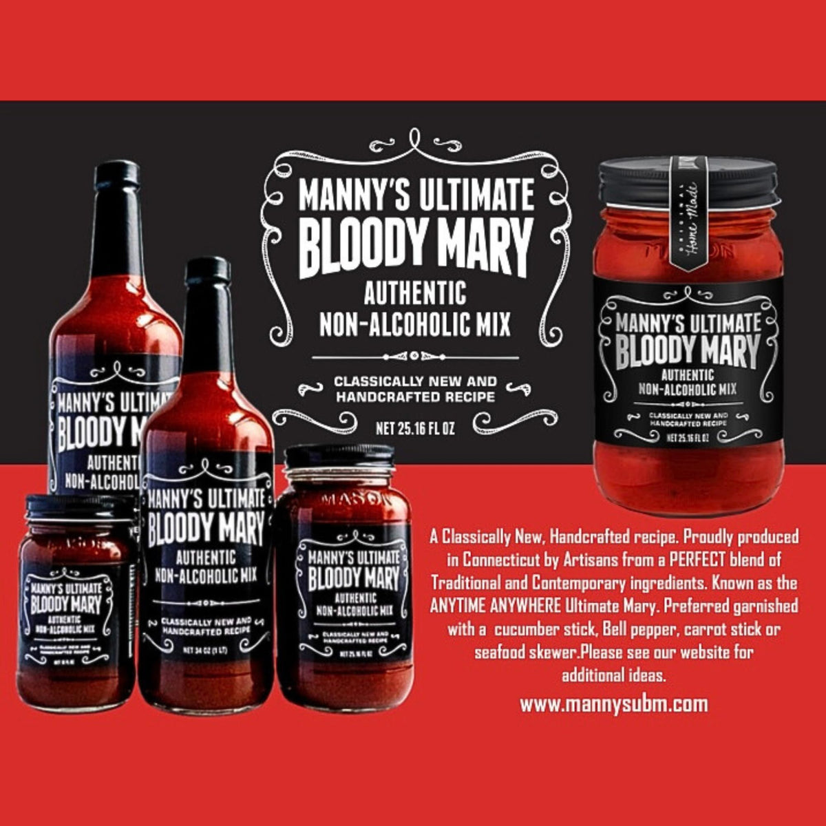 Manny's Ultimate Bloody Mary bottle pour showcases a savory base for brunch.
