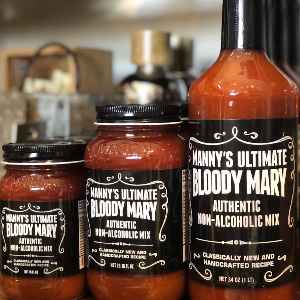 Manny's Ultimate Bloody Mary ingredients close-up emphasizes eight simple components.