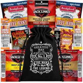 ManSnacks Beef Jerky Gift Basket display featuring 12 gourmet snacks for bold flavor variety.
