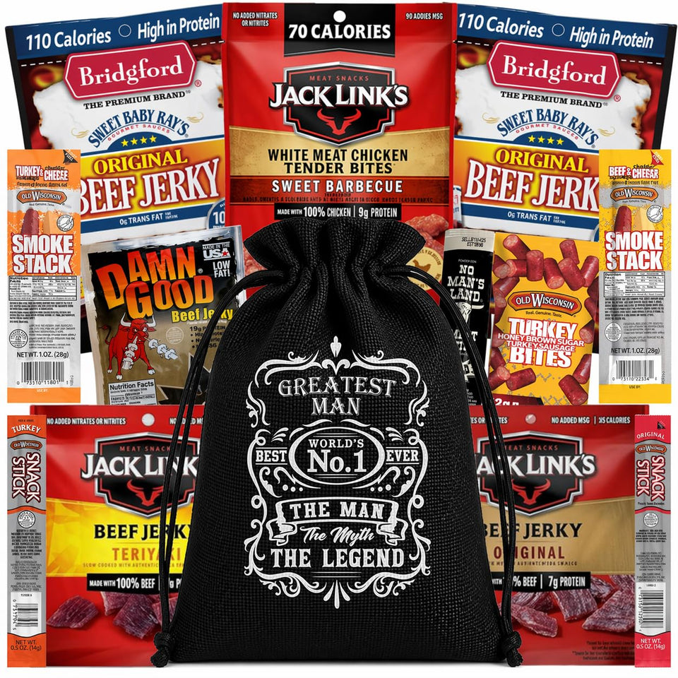 ManSnacks Beef Jerky Gift Basket display featuring 12 gourmet snacks for bold flavor variety.