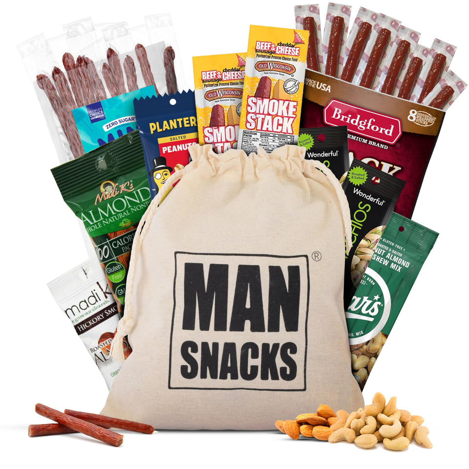 ManSnacks Deluxe Jerky Basket hero image, ideal for gifting and on-the-go snacking.