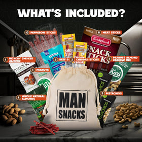 ManSnacks gift bag display, perfect for desk snacks and road trips.