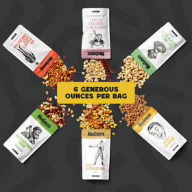 ManSnacks flavor collection showing gourmet nut varieties for snacking.