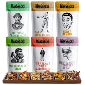 ManSnacks nuts gift box with six flavors, ideal for gifting.