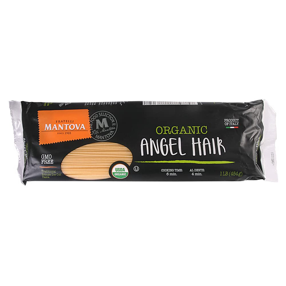 Mantova Organic Angel Hair Pasta pack of six 1 lb boxes for quick meals.