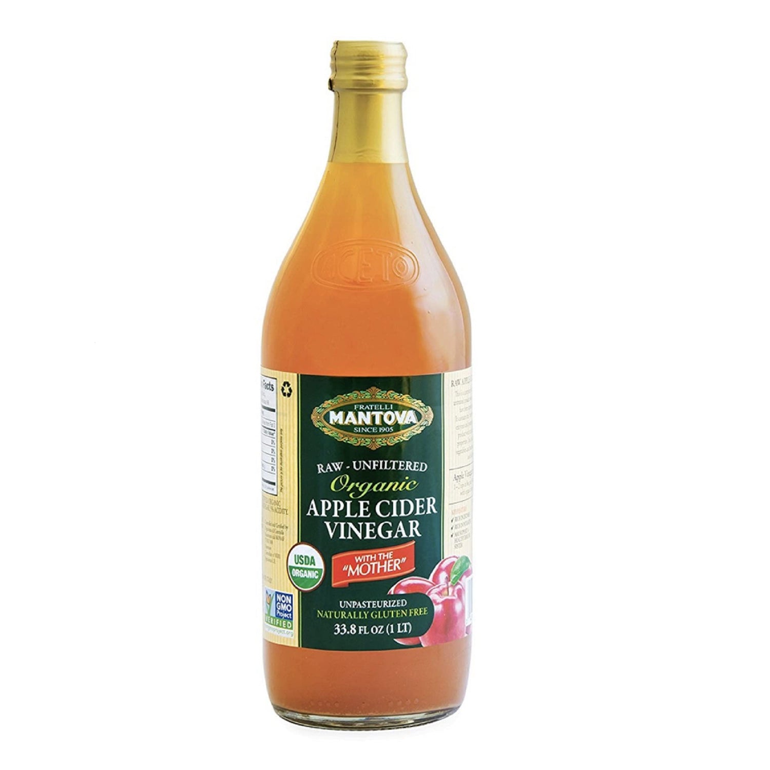 Mantova Apple Cider Vinegar bottle with The Mother, ideal for dressings and marinades.