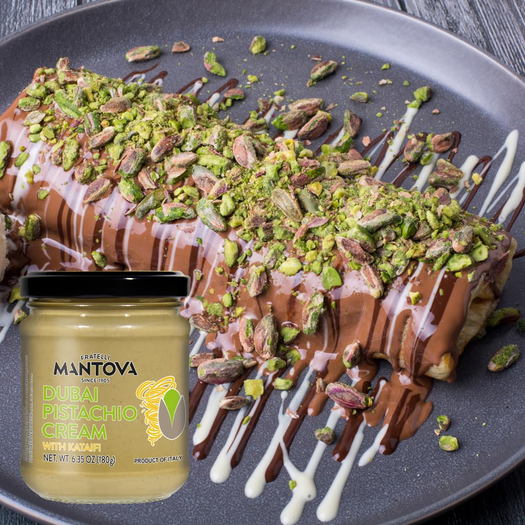 Dessert pastry garnish: Mantova Dubai Pistachio Sweet Cream with kataifi crunch.