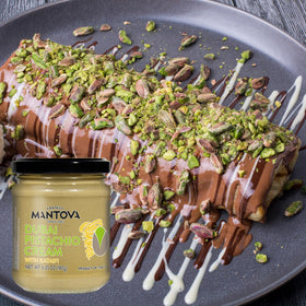 Dessert pastry garnish: Mantova Dubai Pistachio Sweet Cream with kataifi crunch.