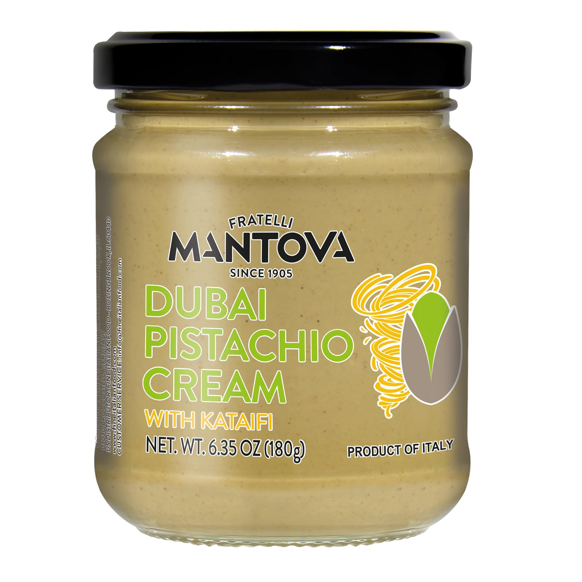 Mantova Dubai Pistachio Sweet Cream in a jar, ideal for croissants and pastries.