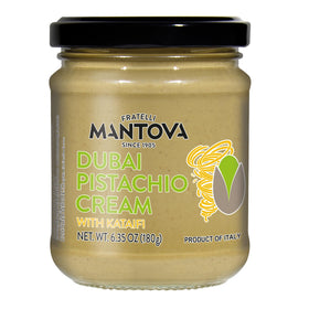Mantova Dubai Pistachio Sweet Cream in a jar, ideal for croissants and pastries.