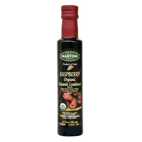 Mantova Fratelli Raspberry Organic Balsamic bottle with raspberries, ideal for salads.