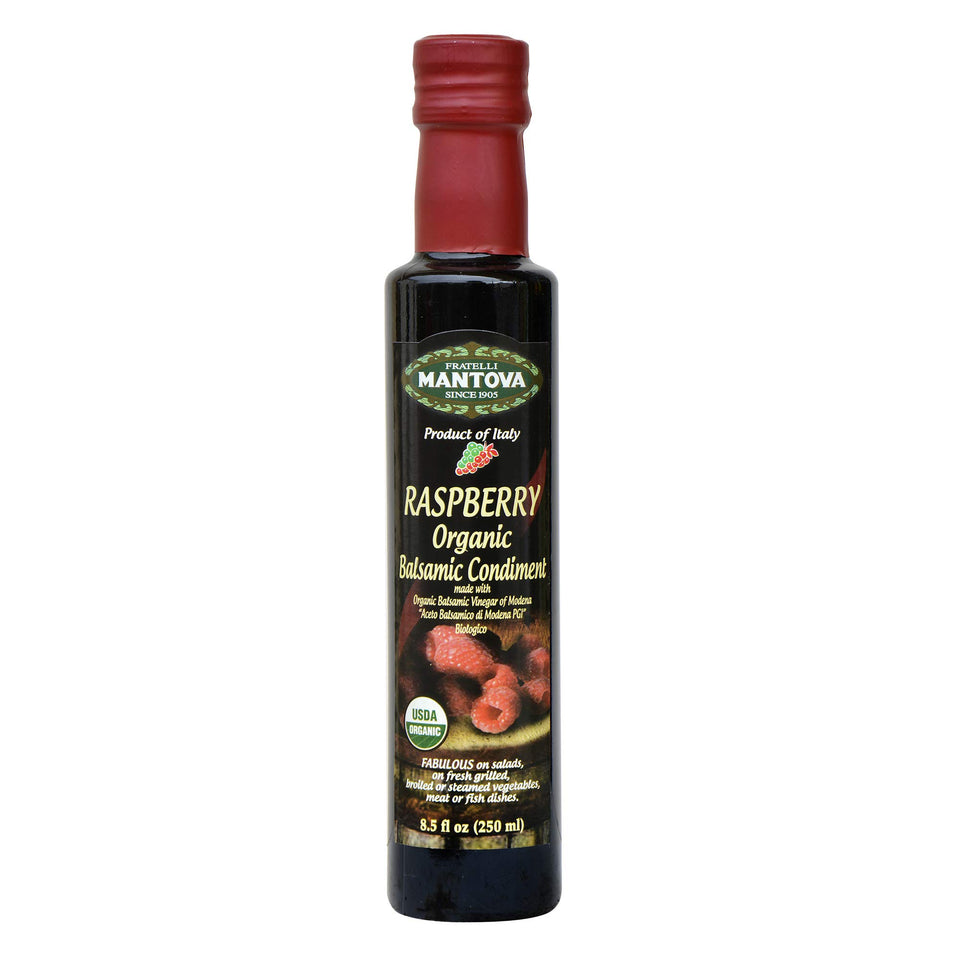 Mantova Fratelli Raspberry Organic Balsamic bottle with raspberries, ideal for salads.