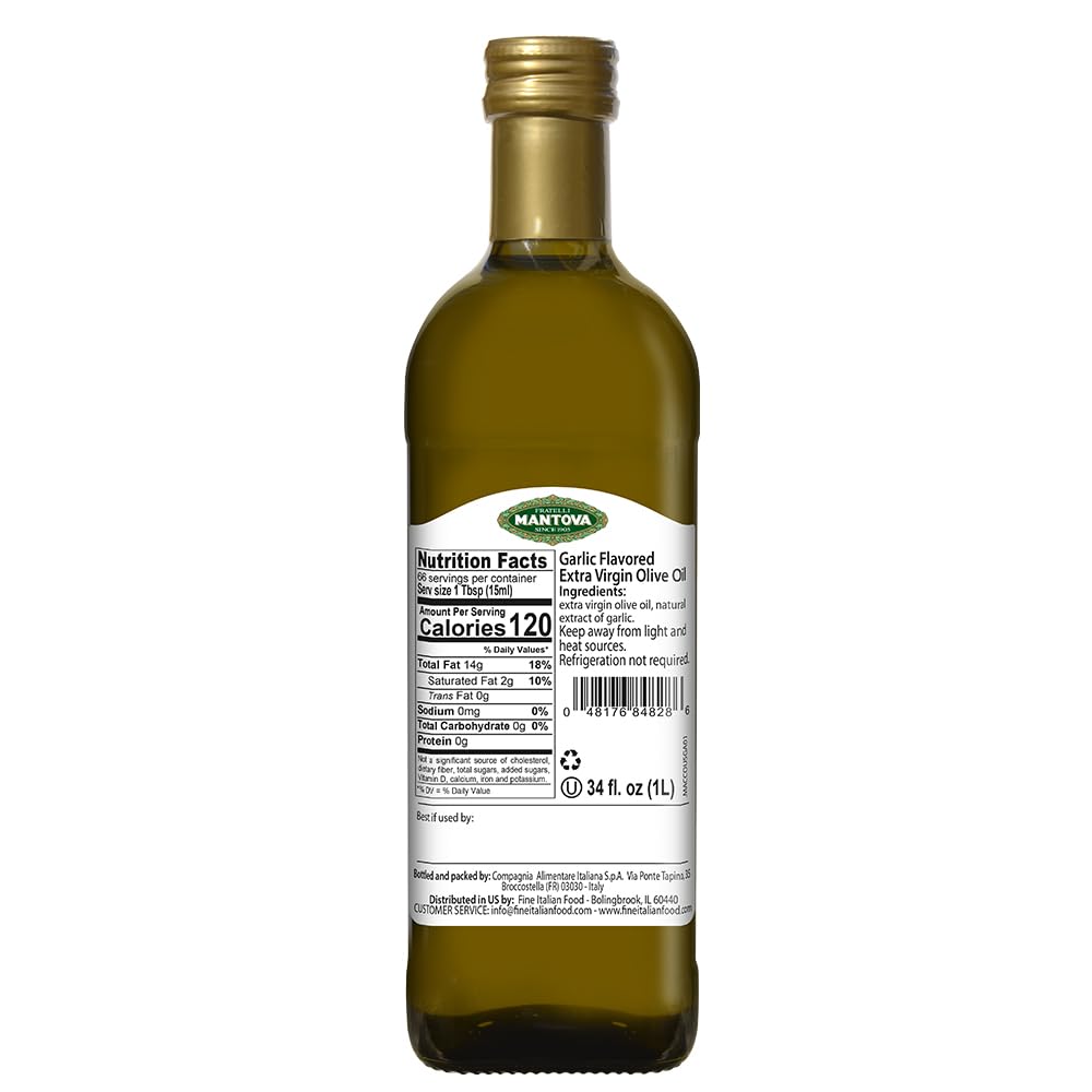 Mantova Garlic EVOO-infused bottle highlights golden oil ready for aroma.