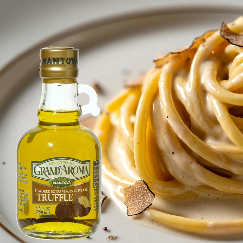 Glass bottle of Mantova Grand’Aroma truffle olive oil on a kitchen counter