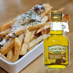 Pantry-ready Mantova Grand’Aroma truffle olive oil bottle nearby