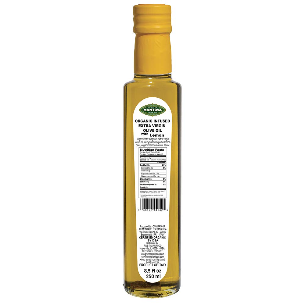 Mantova lemon olive oil bottle provides bright citrus notes for seafood and dressings.