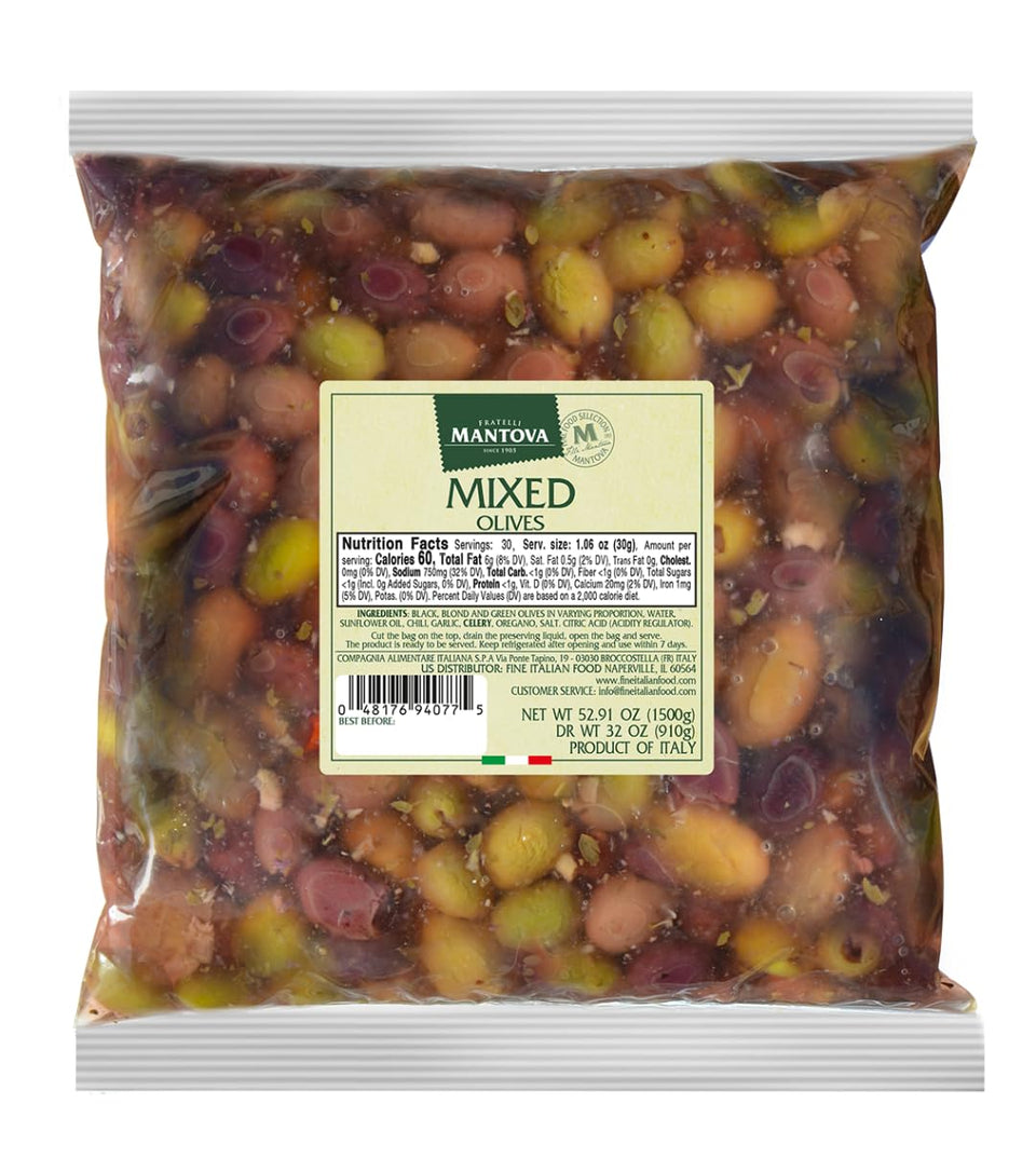 Mantova mixed olives in mild brine with herbs for antipasti and salads