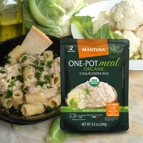 Mantova Organic Cauliflower Rice ingredients panel highlighting organic origin.