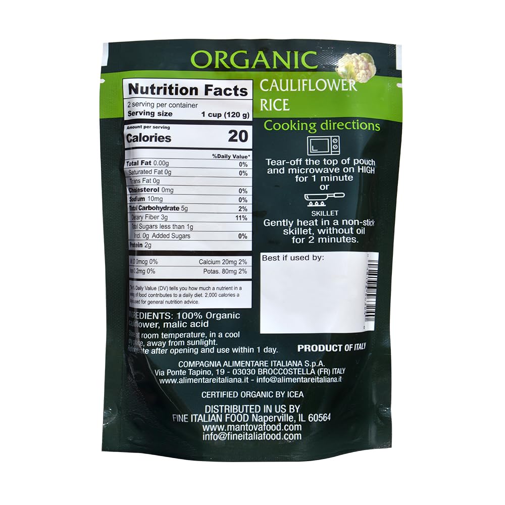 Mantova Organic Cauliflower Rice microwave bowl ready in minutes for quick weeknight dinners.