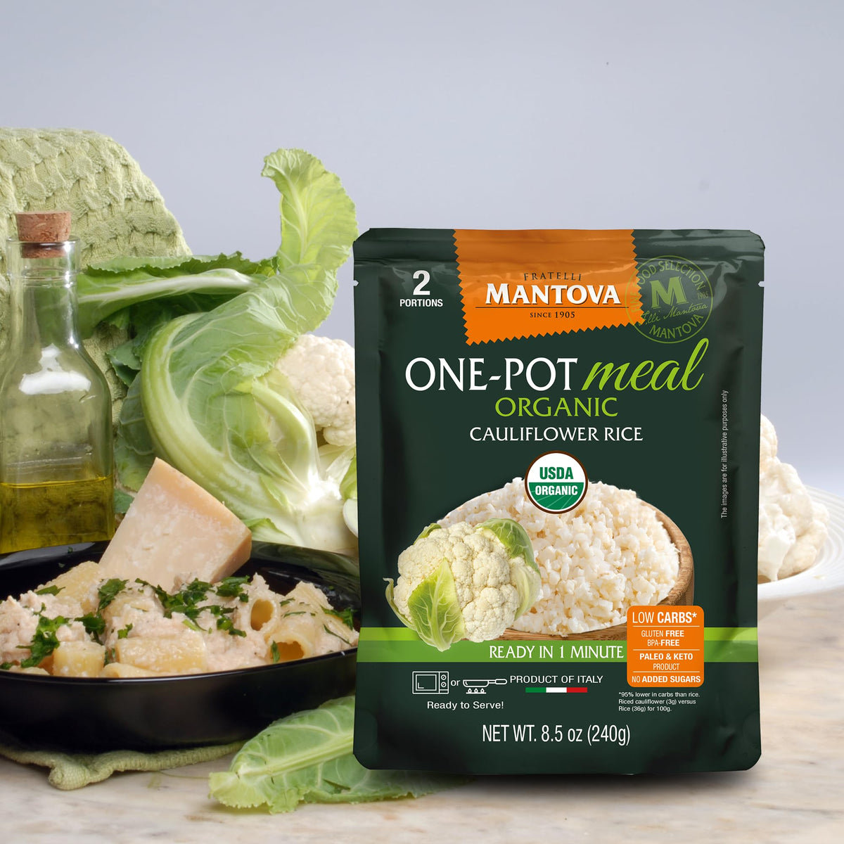 Mantova Organic Cauliflower Rice nutrition facts emphasizing high fiber content.