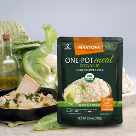 Mantova Organic Cauliflower Rice nutrition facts emphasizing high fiber content.