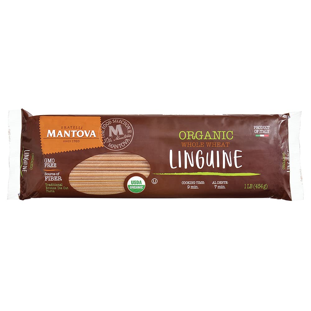 Mantova Organic Whole Wheat Linguine 1lb bag, ideal for family dinners with light sauces.