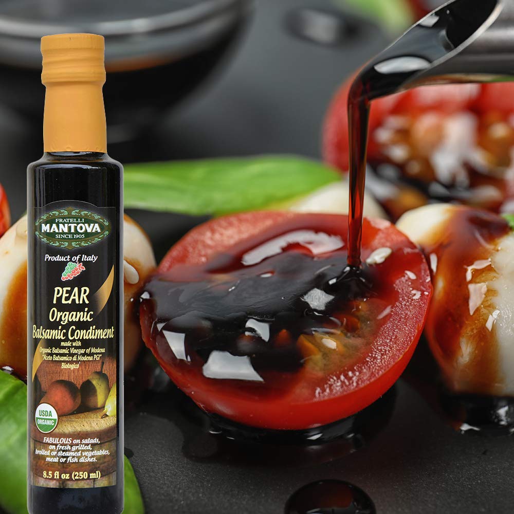 Mantova Raspberry balsamic bottle pour drizzles over desserts and fruit.