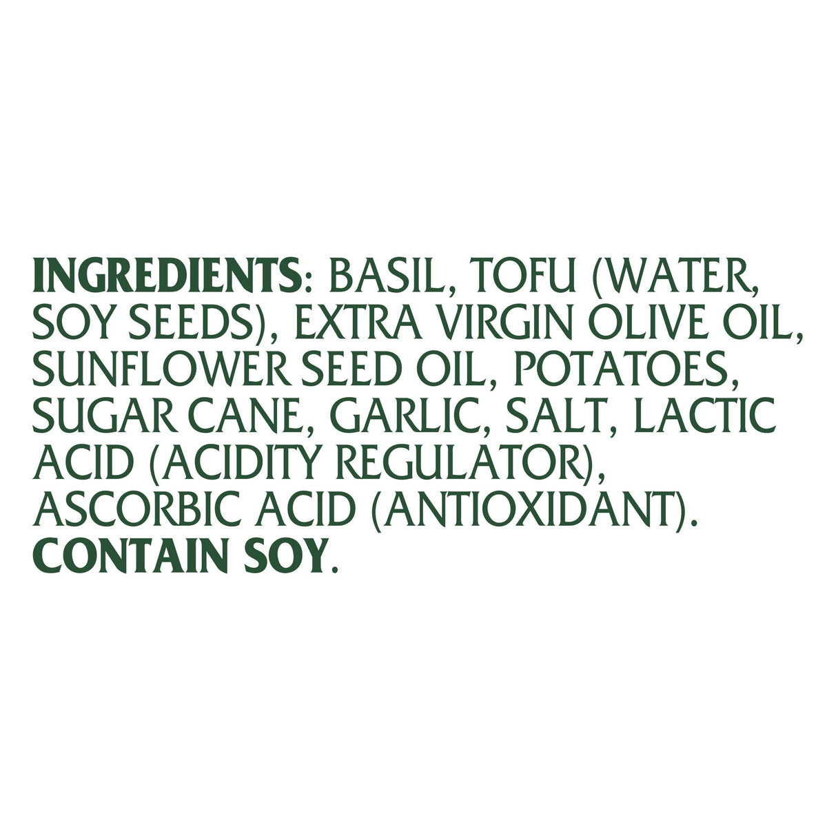 Mantova Vegan Basil Pesto ingredients panel, highlighting extra virgin olive oil.