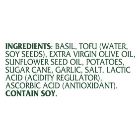 Mantova Vegan Basil Pesto ingredients panel, highlighting extra virgin olive oil.
