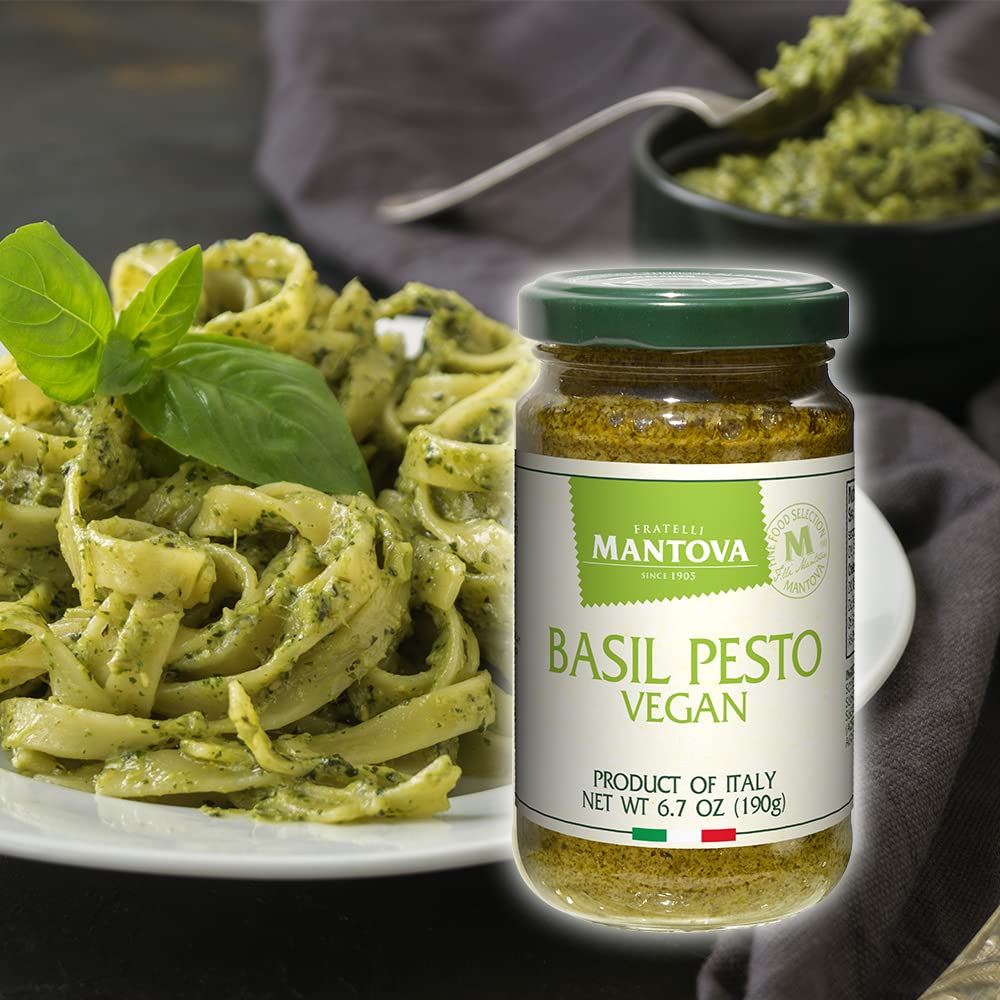 Mantova Vegan Basil Pesto Italy label close-up emphasizing authentic origins.