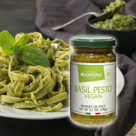 Mantova Vegan Basil Pesto Italy label close-up emphasizing authentic origins.