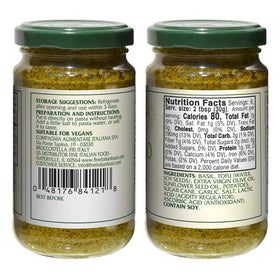 Mantova Vegan Basil Pesto label close-up showing vegan-friendly packaging.