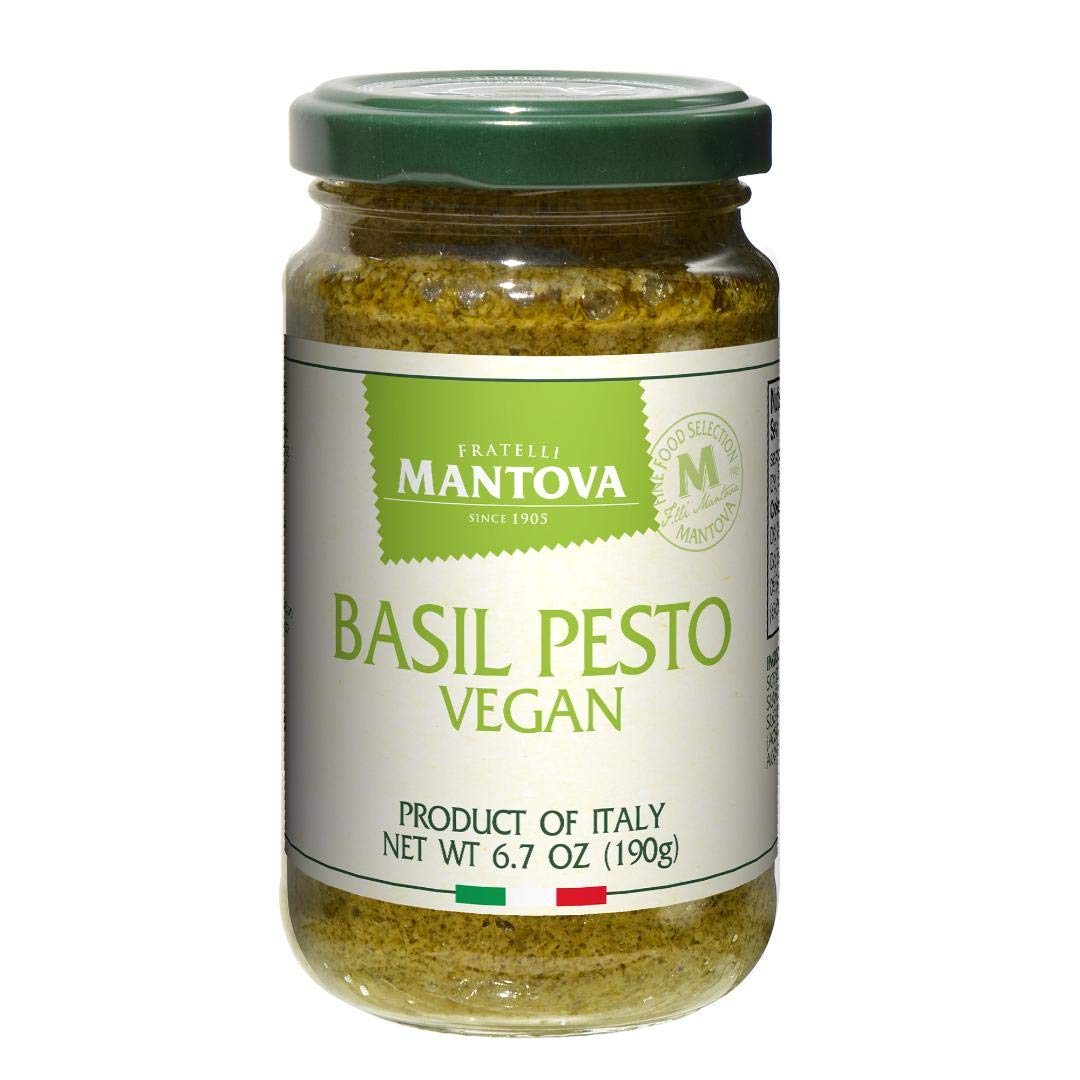 Mantova Vegan Basil Pesto pack front view, two jars ready for quick meals.