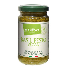 Mantova Vegan Basil Pesto pack front view, two jars ready for quick meals.