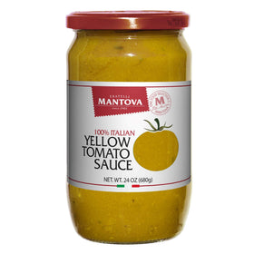 Mantova yellow tomato sauce bottle close-up showing natural ingredients for quick weeknight pasta