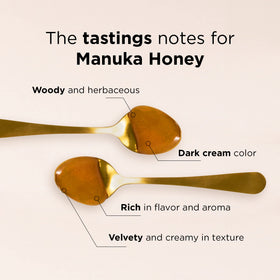 Manuka Doctor amber honey with spoon, ideal for toast and smoothies.