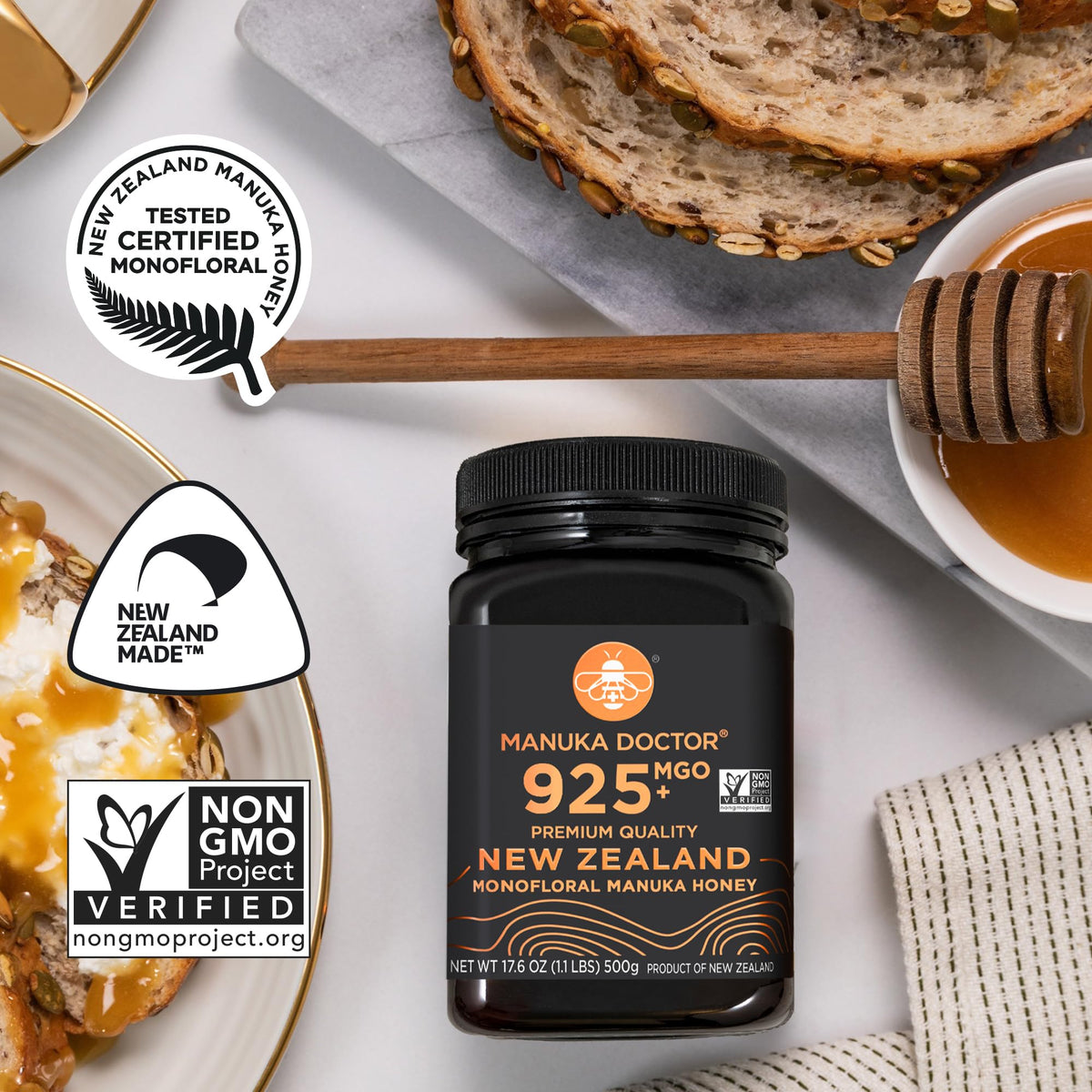 Manuka Doctor product label with certification imagery.