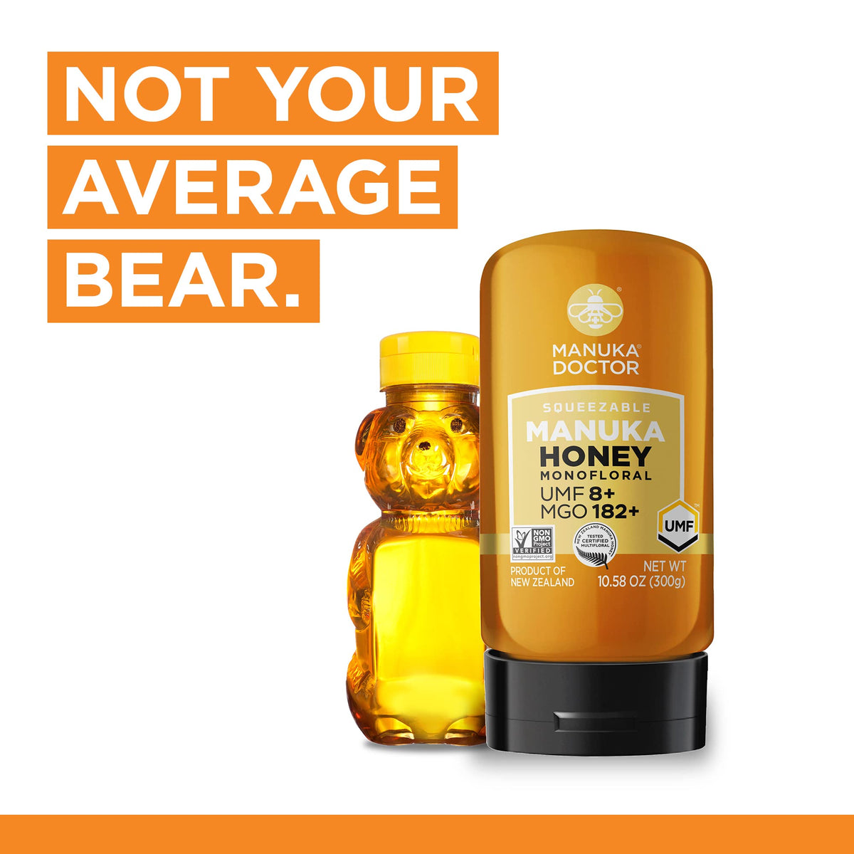 Manuka Doctor MGO 182+ UMF 8 dual rating seal.