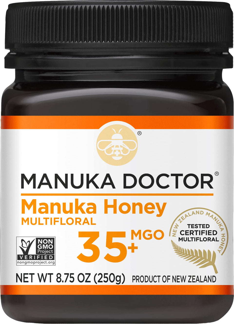 Manuka Doctor MGO 35+ multifloral honey bottle from New Zealand, showcasing natural sweetness.