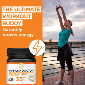 Manuka Doctor MGO 35+ honey spoon serving, ready to enjoy with tea.