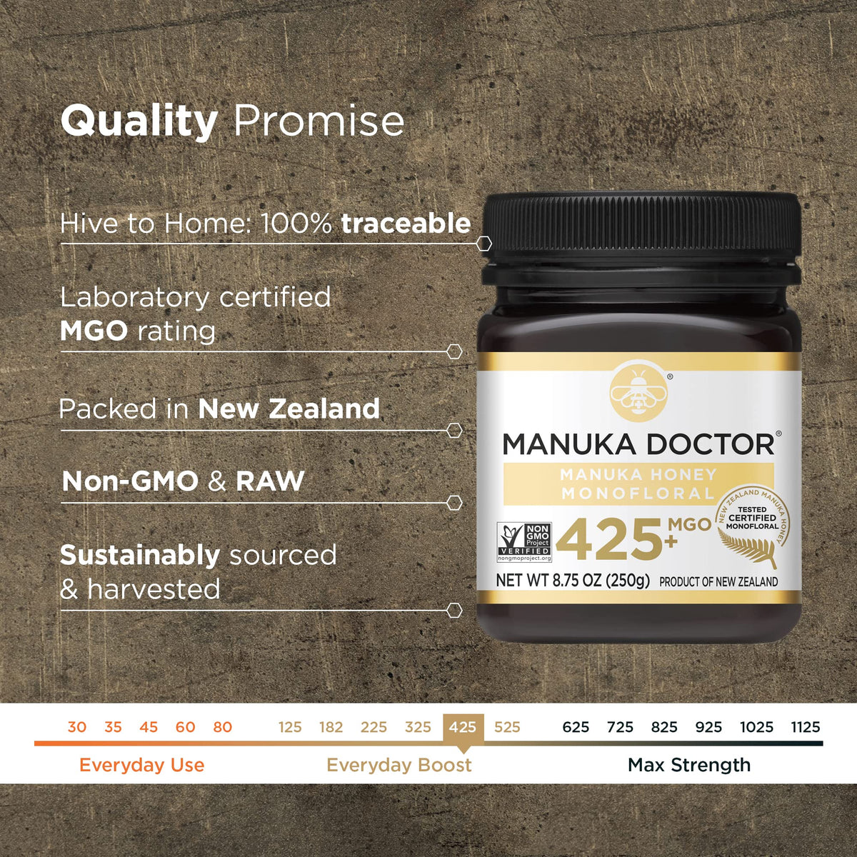 Pouring Manuka Doctor MGO 425+ honey captures viscous texture for tea or toast