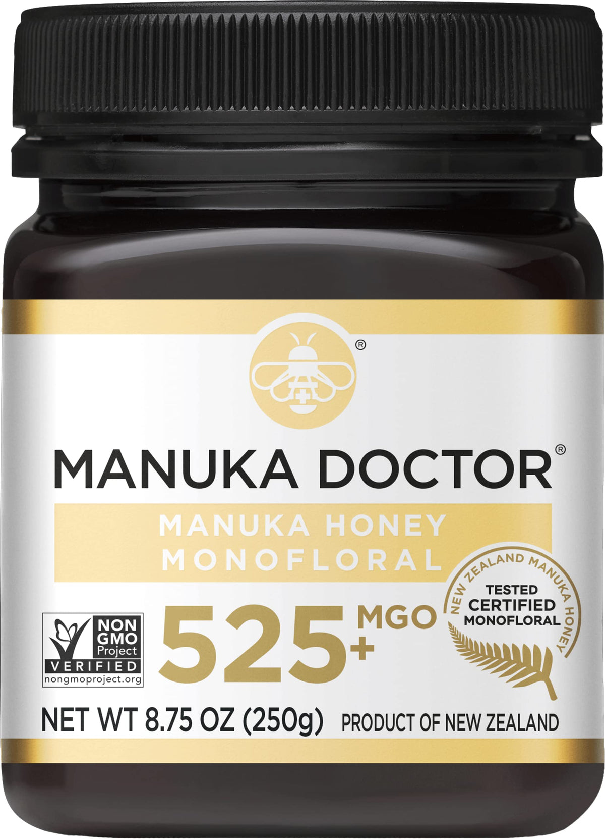 Manuka Doctor MGO 525+ honey bottle—pure New Zealand honey for daily nourishment.