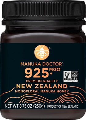 Manuka Doctor MGO 925+ honey bottle close-up showing label and premium quality.
