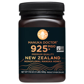 Manuka Doctor MGO 925 honey bottle close-up, premium energy support.