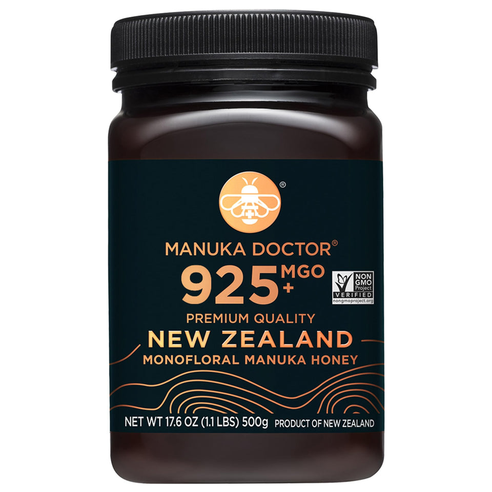 Manuka Doctor MGO 925 honey bottle close-up, premium energy support.