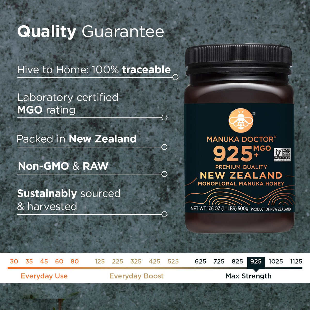 Manuka Doctor MGO 925 monofloral honey jar for natural immune support.