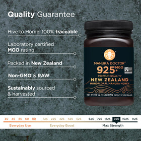 Manuka Doctor MGO 925 monofloral honey jar for natural immune support.