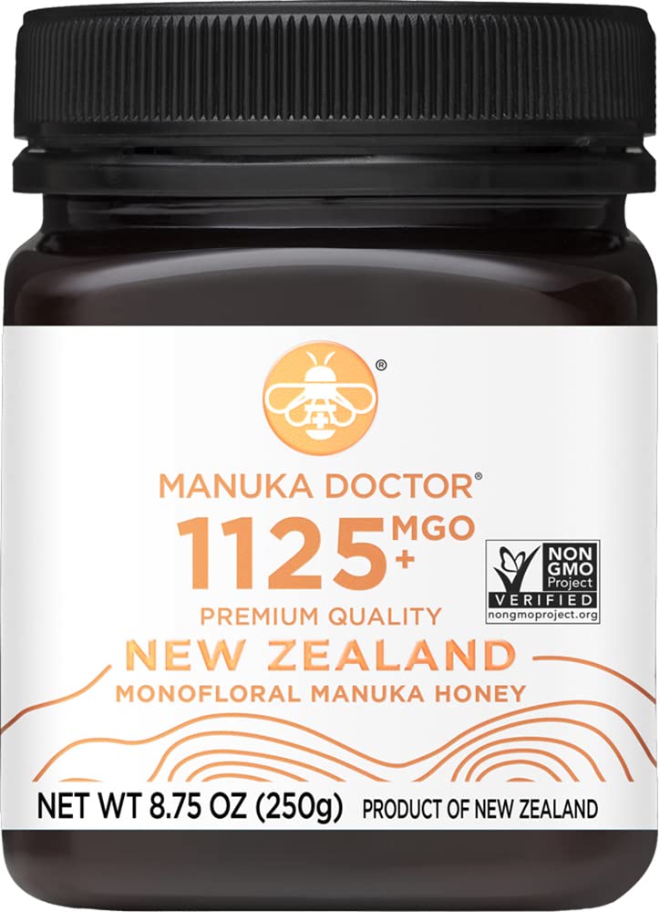 Manuka Doctor MGO1125 honey jar shows bold flavor and premium quality.
