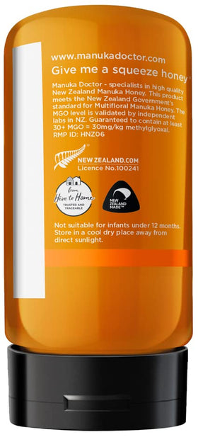 Manuka Doctor MGO30 branding and bees logo emphasizes brand and natural sourcing.