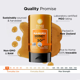 Manuka Doctor MGO30 close-up reveals dense multifloral honey texture with rich flavor potential.